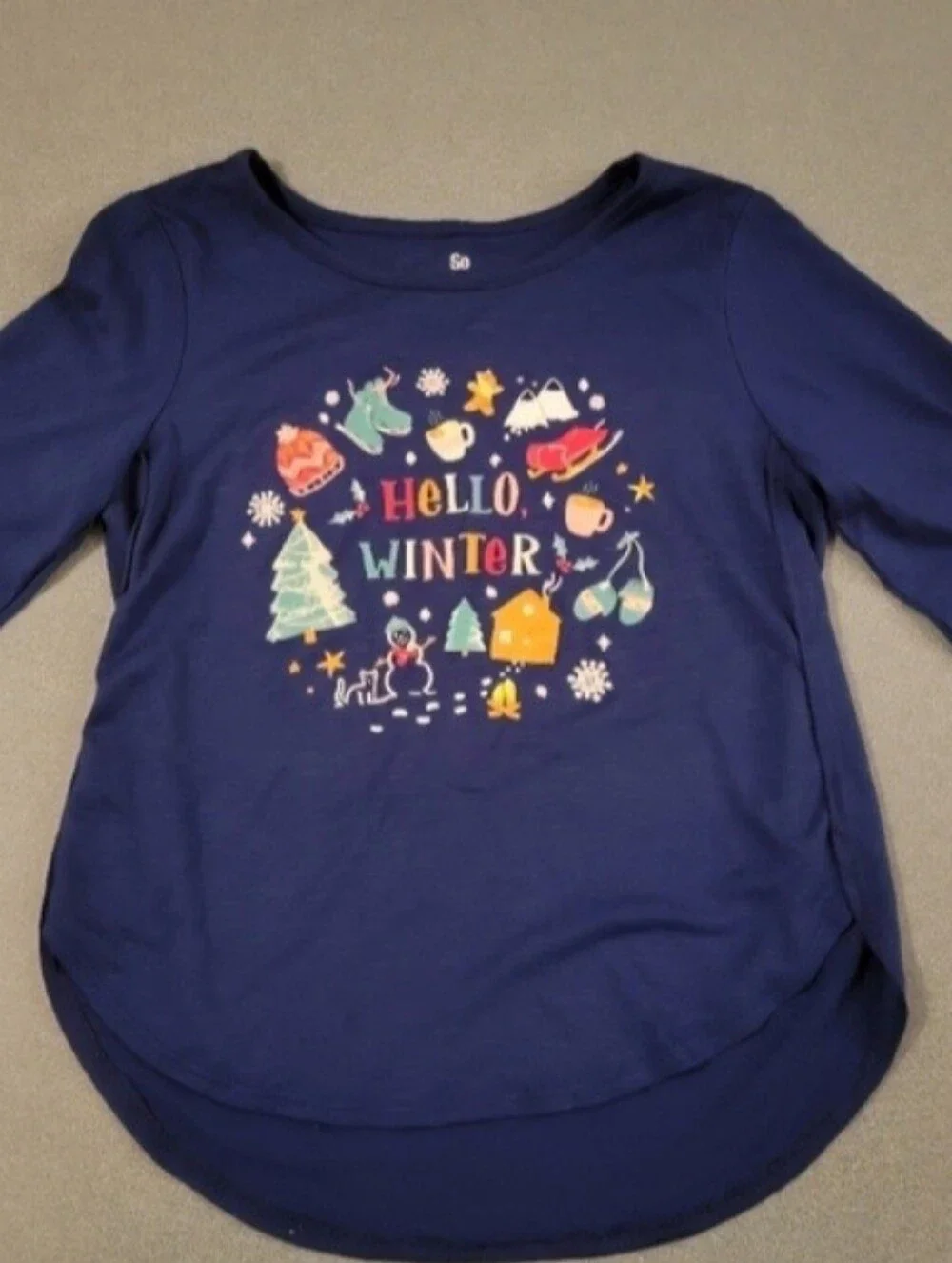 SO Girls Hello Winter Graphic Tee Size M 10/12 Blue Long Sleeve Shirt